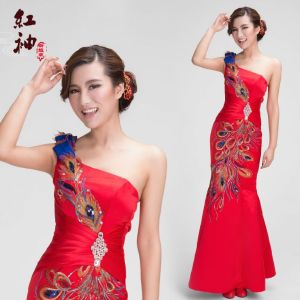 2013新款中式婚紗旗袍 紅色長款新娘結婚敬酒旗袍單肩晚禮服