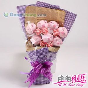 供應幽幽獨語卡通花束YY0124 7只瞇瞇豬5仿真玫瑰花創意