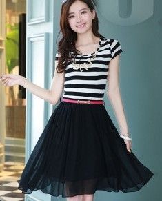 款韓版女裝條紋雪紡修身顯瘦雪紡短袖連衣裙