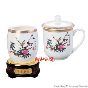 鳥語花香骨瓷會議杯旋轉(zhuǎn)筆筒套裝