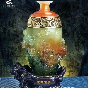 樹脂工藝禮品擺件，時尚典雅家居裝飾禮品擺件，仿玉花開富貴花瓶擺件