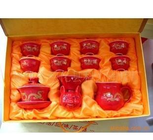 陶瓷茶具、紅色金龍茶具套裝、德化茶具、茶具套裝
