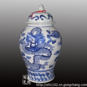 青花龍紋將軍罐，手繪青花花瓶-瓷瓶