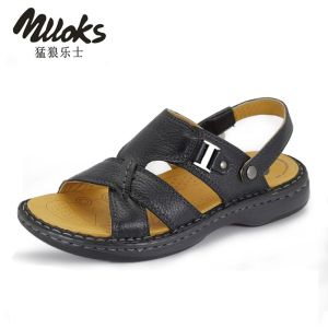 Mlloks男士皮涼鞋夏季涼鞋真皮透氣沙灘鞋男鞋涼拖鞋厚底男鞋正品