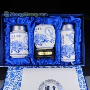 供應(yīng)高檔商務(wù)禮品 青花瓷保溫杯/茶葉罐/筆筒三件套（花好月圓）